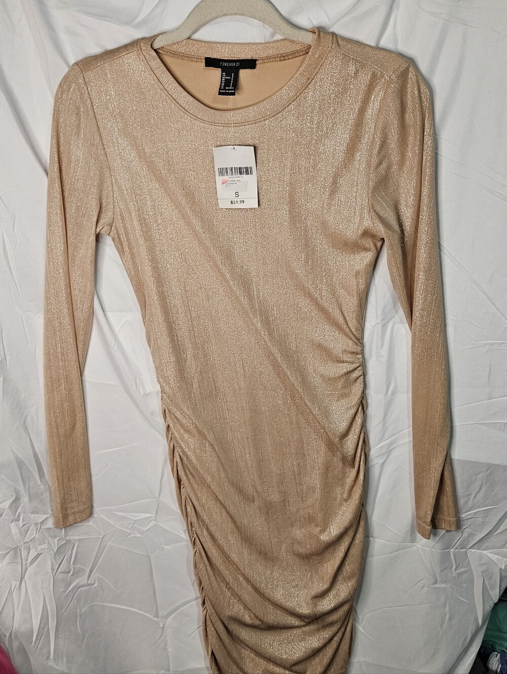 NWT Forever 21 Gold Shimmer Ruched Long Sleeve Mini Dress - Size Small